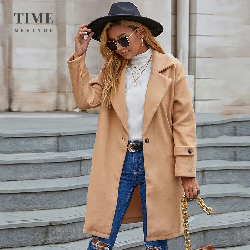 

England Style Long Sleeve Women Singel Button Breasted Casual Slim Fit Chic Mediumn Long Woolen Coat Blends Cashmere Jacket