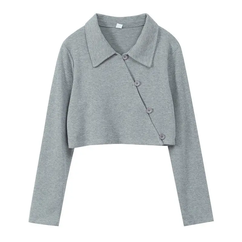 

Sister Fara Chic Oblique Single Breasted Women's T-shirt Turn-down Collar Short Casual Tees Autumn Woman T Shirt Spring 2021