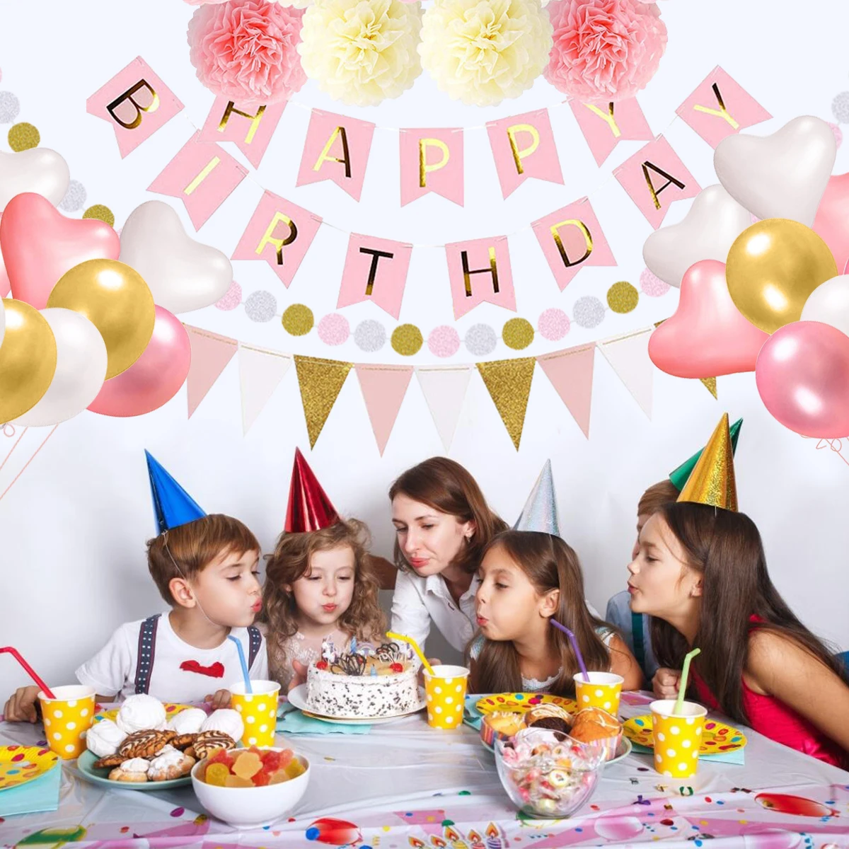 

Birthday Party Supplies Decor Kit Pompom Flower Happy Birthday Banner Flags Banner Polka Dot Garland Latex Balloons