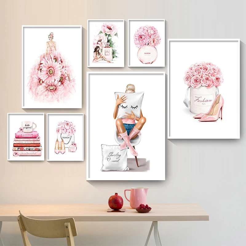 

Modern Pink Fashion Wall Art Canvas Painting Floral Girl Perfume Book Makeup Print Poster Beauty Salon Bedroom Decor Pictures