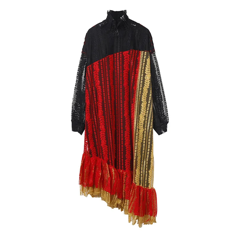 Контрастное цветное платье с длинным рукавом женское высоким вырезом свободные