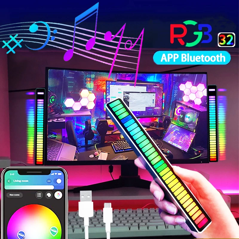 

LED Pickup Music Lights Phone APP Control Sound Light RGB Rhythm Ambien with Bluetooth 32bit 18 Colors Car Home Decoration Lamp