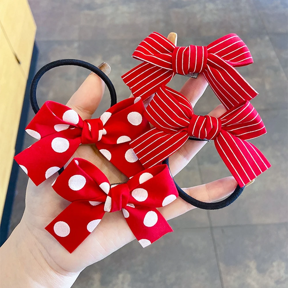 

2021 New Girls Red Butterfly Knot Hair Rope Love Wave Spot Hair Circle Girl Double Horsetail Head Rope Fashion Hair Accessories