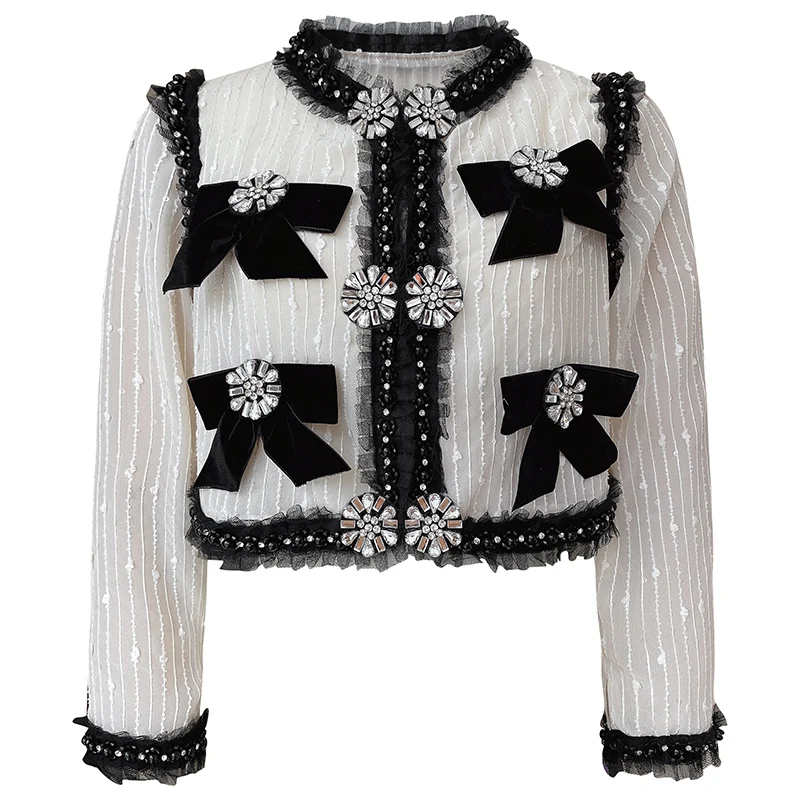 

Vintage Beading Diamonds O-Neck Tops Three-dimensional Bow Shirt Women Lace Ruffles Patchwork Short Elegant Blouse 2021 Spring