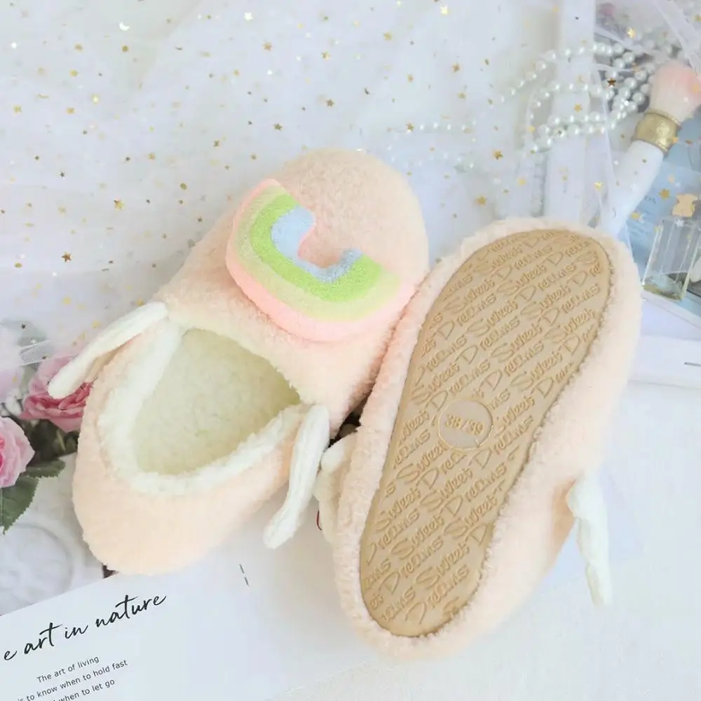 Sweet girl heart three-dimensional rainbow wings anti slip floor shoes in autumn and winter warm home shoes indoor cotton slippe