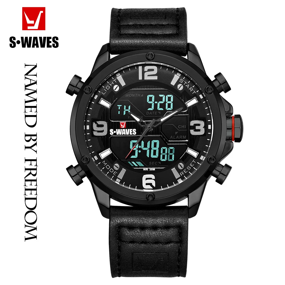 Часы наручные SWAVES мужские черные водонепроницаемые Роскошные с кожаным ремешком