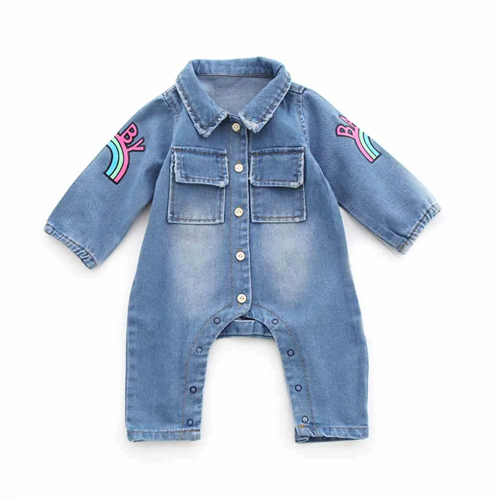 

Comfortable Fashion Daily Cartoon Thick Denim Long Sleeve Casual Button Closure Soft Baby Jumpsuit