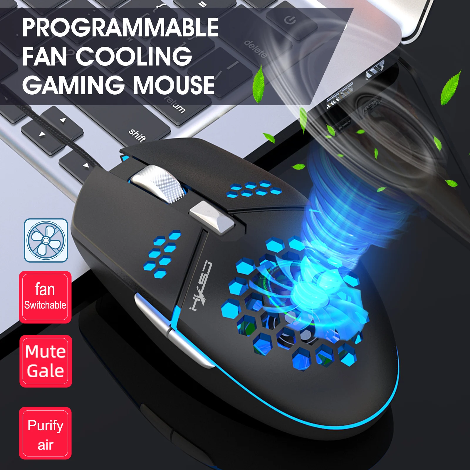 Проводная игровая мышь HXSJ J400 6 кнопок эргономичная с охлаждающим вентилятором