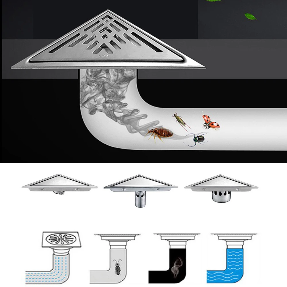 triangle floor drains invisible bathroom deodorant conner drain tile insert 304ss cover for shower anti backflow anti clogging free global shipping