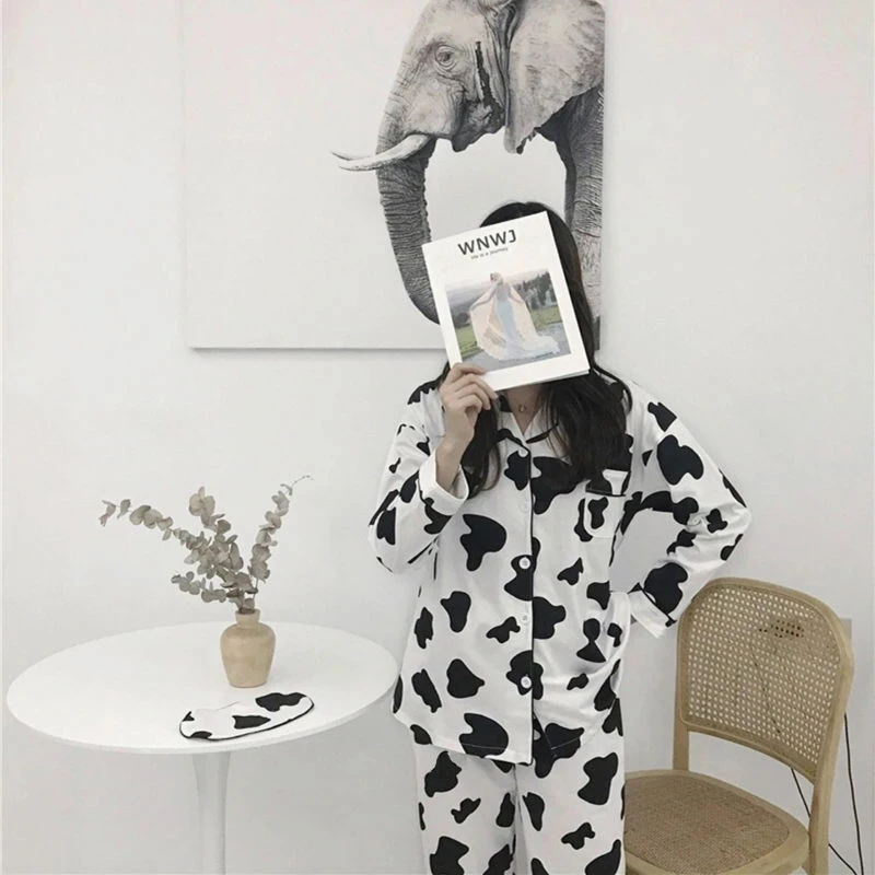 Cotton Home Suits Korean Sleepwear Cow Print Pajamas for Women Autumn Pijama Pyjamas Long Sleeve 2 Piece Set Pjs  Cute Nightwear
