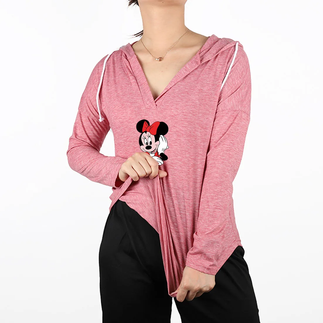 

Disney Long Sleeve T-Shirt Mickey Mouse Minnie Print V-Neck Drawstring Hoodie Cartoon Loose Cute Casual 2021 Spring Autumn New