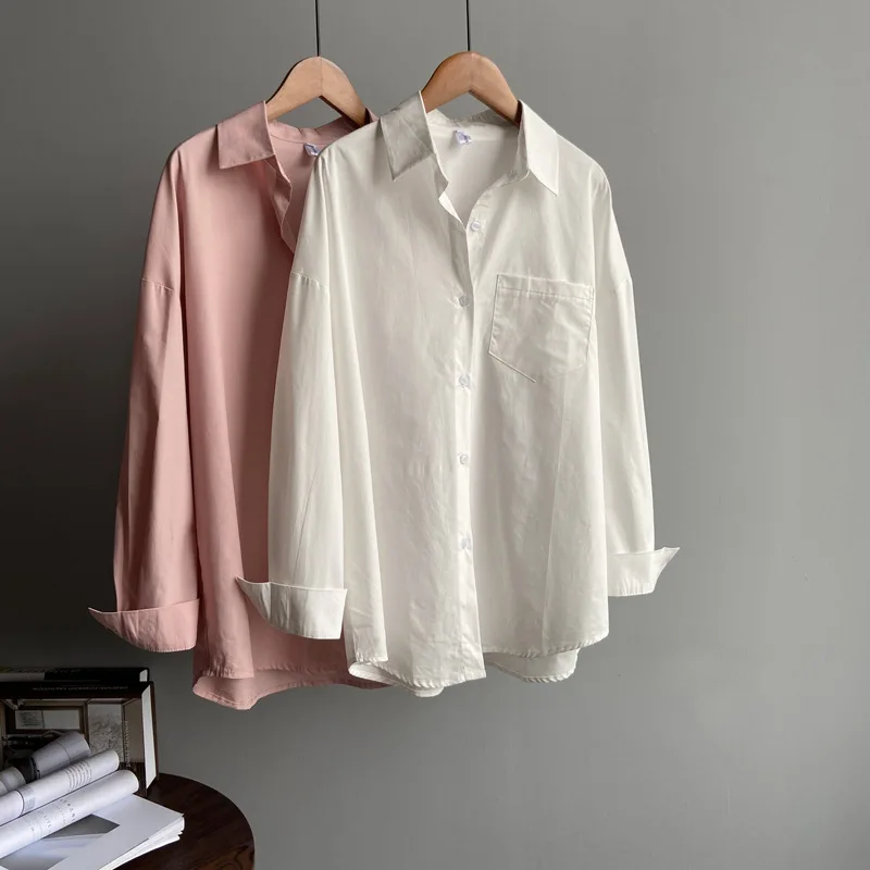 

2020 Boyfriend Style Women White Blouses With Pocket Oversized Womens Tops And Blouses Cotton Pink Shirt Blusas Roupa Feminina
