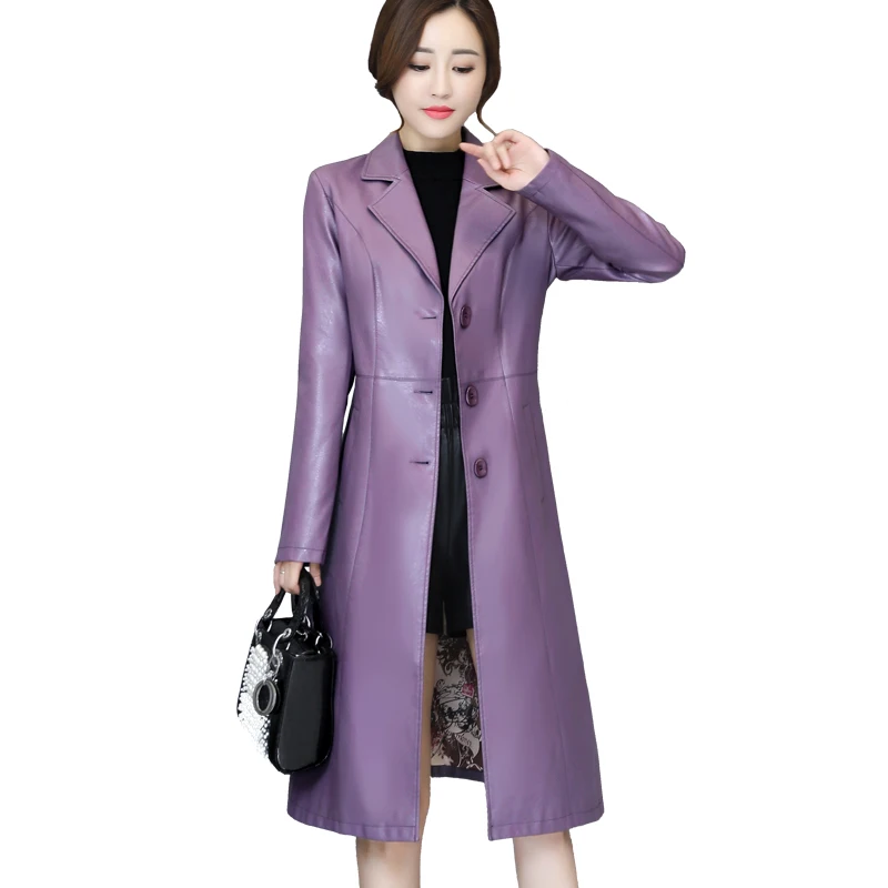 Brand leather windbreakers coat womens medium long 2020 spring autumn Korean slim Slim lady large size leather jacket women's ti
