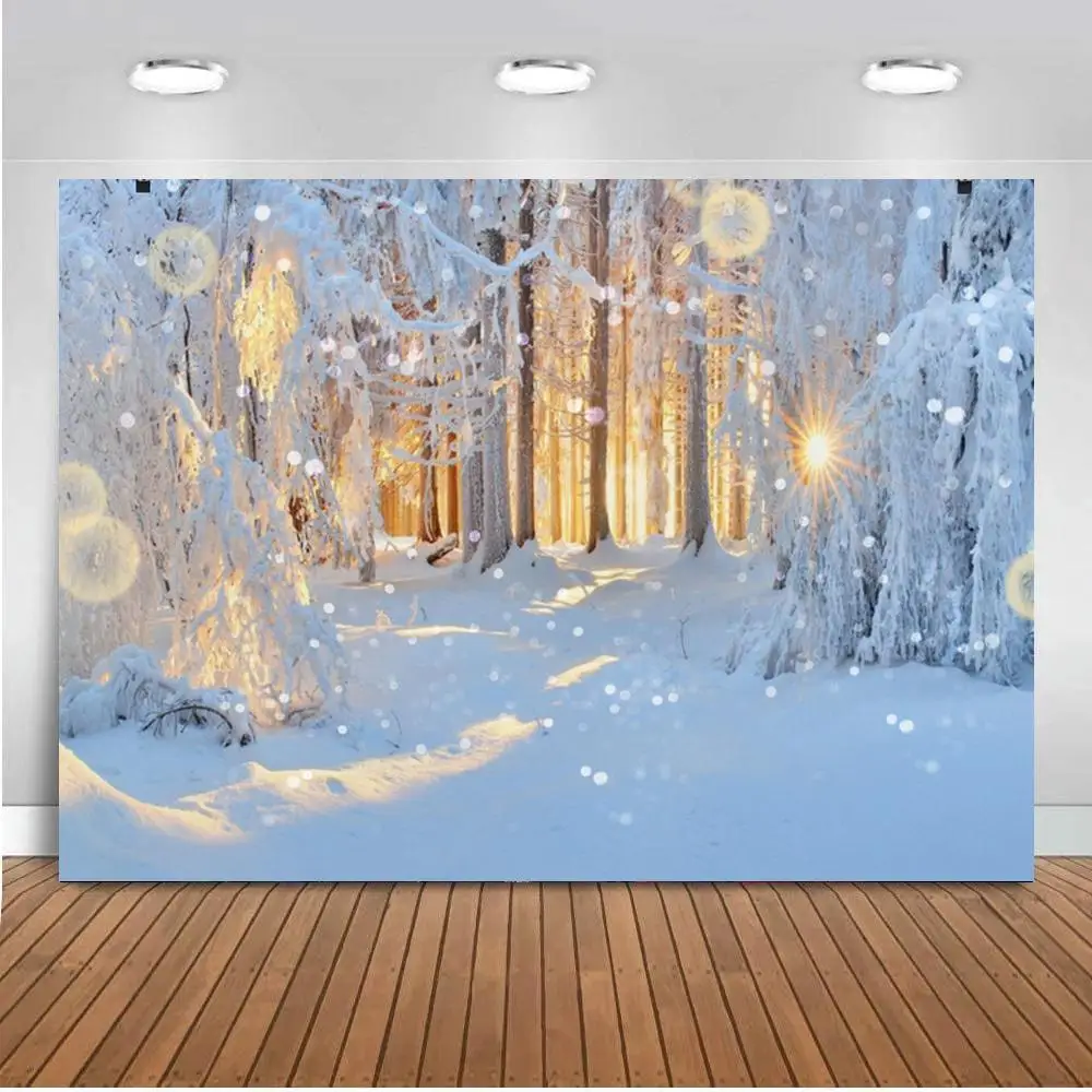 

Winter Snow Scene Lights Bokeh Tree Forest Photography Backdrops Personalized Photographic Backgrounds For Photo Studio