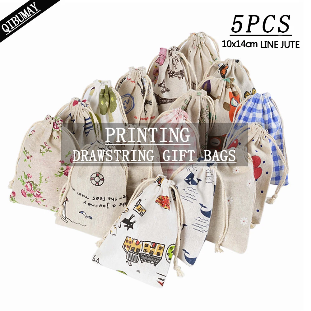 QIBU 5 шт. линия джутовые подарки сумки животные цветы напечатаны шнурок карман