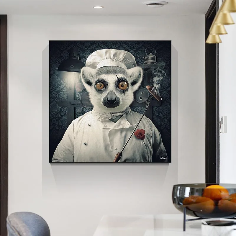 

Canvas Painting Animal Wall Art Lemur In Chef Uniform Posters and Prints Wall Pictures for Living Room Decoration Home Decor