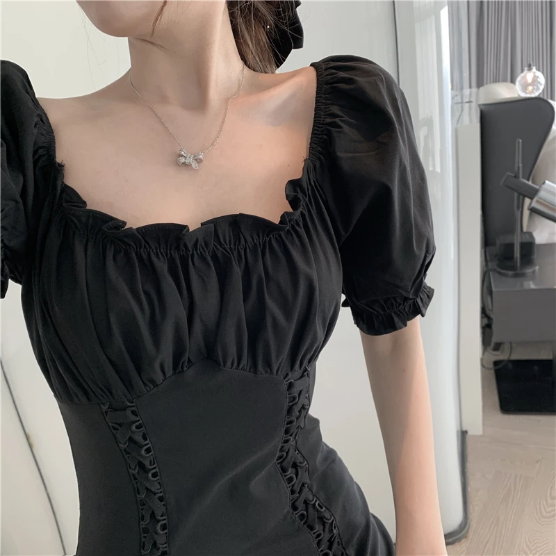 

Summer French Kawaii Dress Women Elegant Sweet Designer Bandage Ruffled Sheath Dress Female Sexy Casual Party Mini Dress 2021