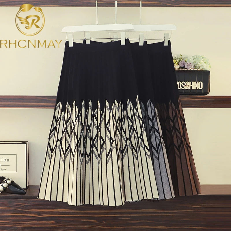 

FAKUNTN New 2021 Women Knitted Pleated Skirt Autumn Winter Color Patch High Waist Women Long Skirt Female Warm Ladies Maxi