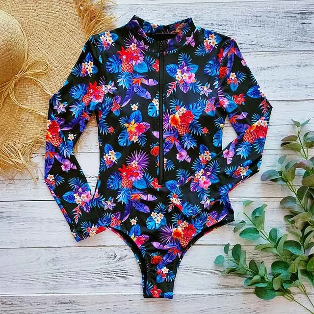 Blackfloral3 Новинка, сексуальный цельный купальник, пуш-ап, женская одежда для плавания, монокини, длинный рукав, купальник, купальник, женская летняя пляжная одежда - Цвет: Blackfloral3