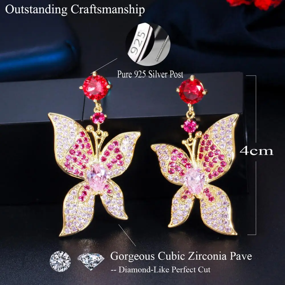 

Pera Romantic Red Zircon 925 Silver Pin Large Pink Sapphire Butterfly Drop Dangle Earrings for Ladies Costume Prom Jewelry E625