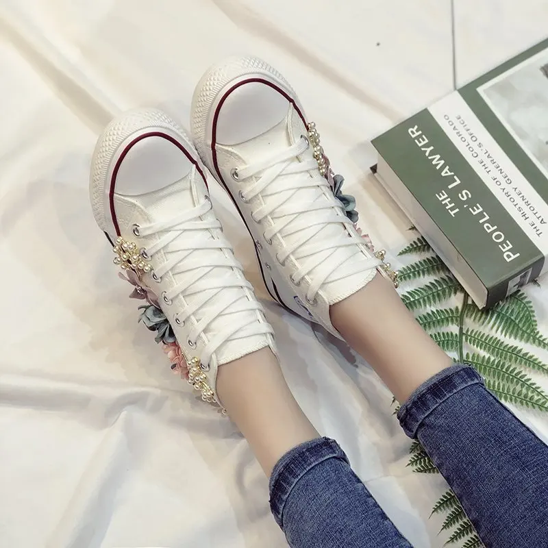 Summer High Top Women Sneakers Wedges Canvas Shoes Fashion Casual Shoes Woman Handmade Custom Pearl Flowers White Black Flats