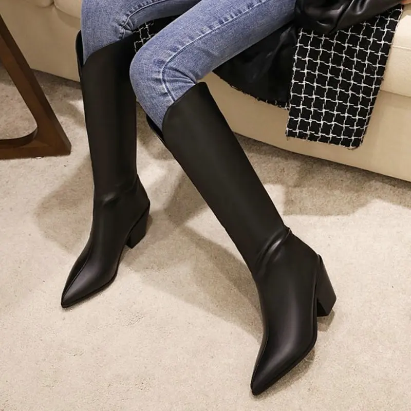 

V-cut pointed toe chunky high heels knee-high heels woman's boots white black brown womens riding casual loose boots big size 48