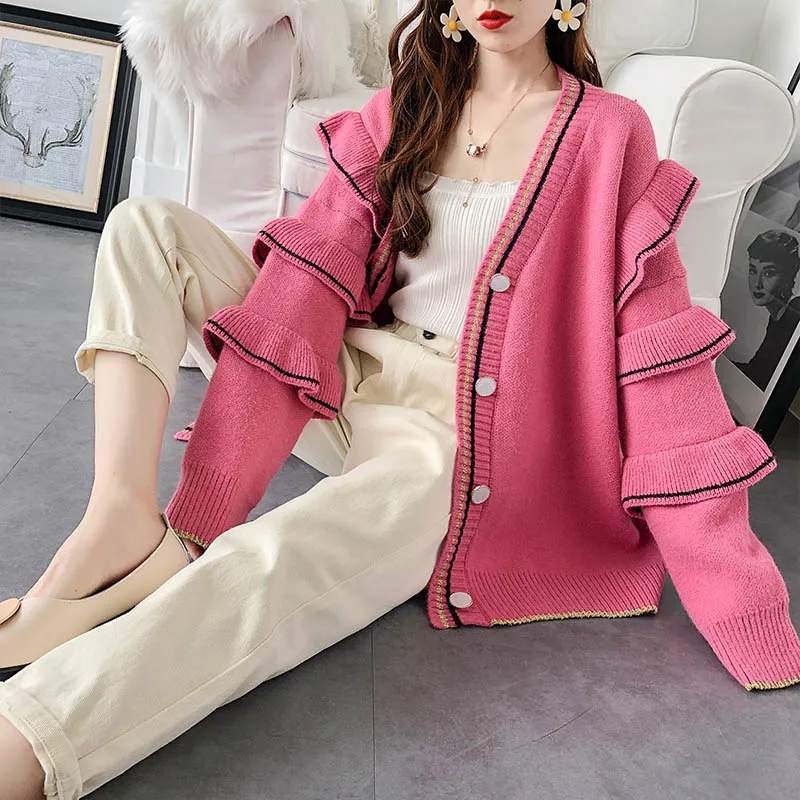 HF1973 Pink H. SA зима свитер кардиганы для женщин с оборками рукав однобортный модная одежда зимняя длинная куртка пальто Mujer - Цвет: HF1973 Pink