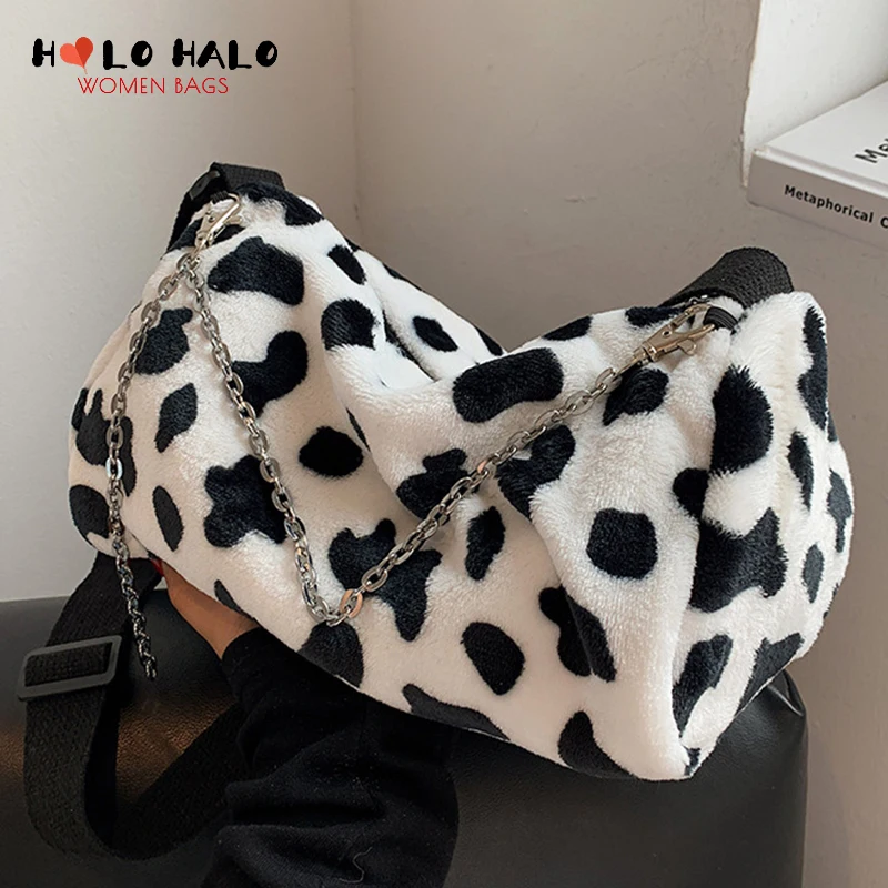 

Retro Female Plush Cow Pattern Crossbody Bags Fashion Purses and Handbags Casual Ladies Shoulder Bags High Capacity Buckets Bag