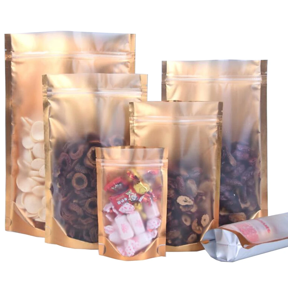 

1000Pcs Food Cookies Candy Pouches Zip Lock Clear Plastic Gold Mylar Foil Stand Up Bag Resealable Reclosable Tear Notch Doypack