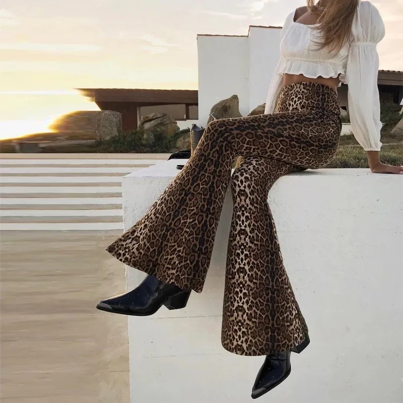 

high waist leopard print flare leggings 2021 spring new women fashion sexy bodycon trousers club pants