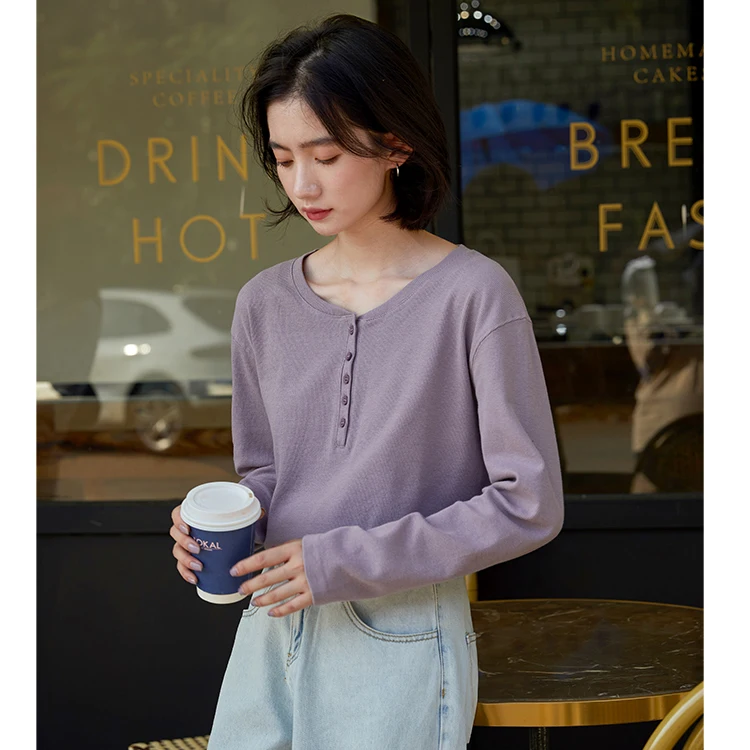 

2021 Basic Color Long Sleeve Tee Shirts For Women Spring New T-Shirt Tops