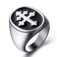 elfasio cross of lorraine cross of anjou black enamel stainless steel mens ring knights templar crusader symbol jewelry