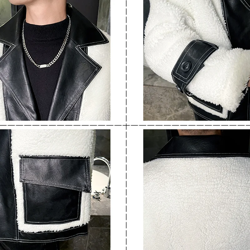 Winter Korean Lambswool Men's Jackets Locomotive Lapel Thicken Warm Parkas Casual Short Streetwear Social Overcoat Male Clothing