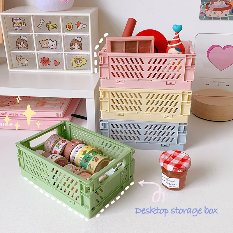 

Kawaii Mini Desktop Folding Storage Basket Sundry Toys Snack Box Cosmetic Storage Basket Home Office Organizer School Stationery