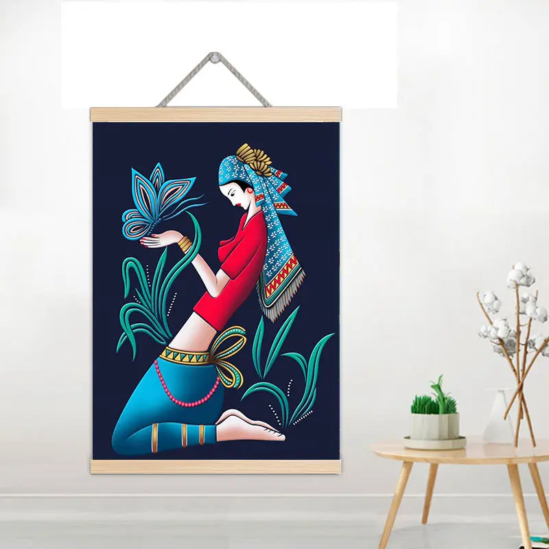 

National Ethnic Girls Art Canvas Painting room Decorative Wall Paintings Print Art Poster Room Wood Scroll Hanging wall Tapestry