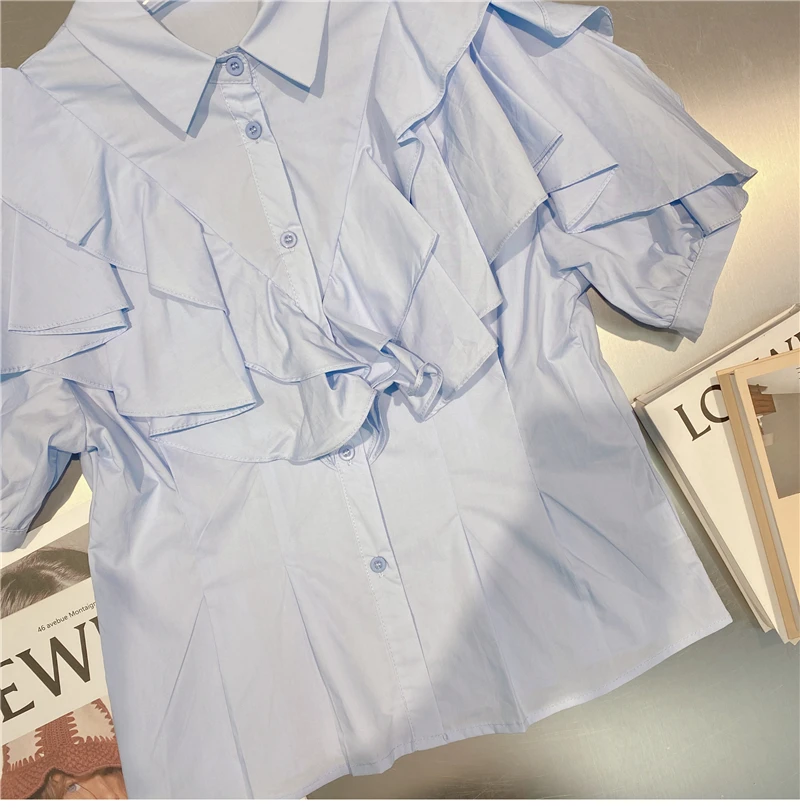 

2021 Summer New Vintage Fashion Ruffled Stitching Solid Color Shirt Ladies Slimming Lapel Short Sleeve Blouse for Women