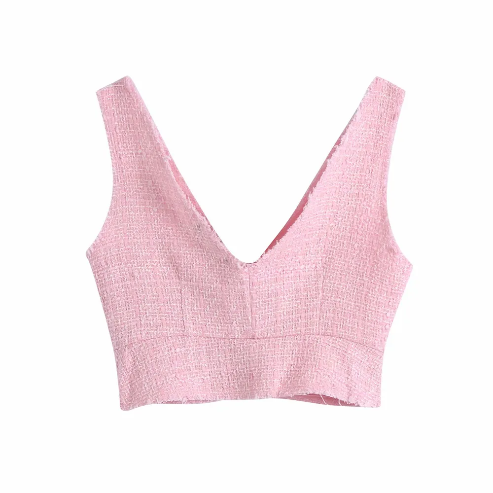 

2021 ZA summer New Fashion Women's sweet V-neck texture short wide suspender top sleeveless T-shirt RA 3564095 3564/095