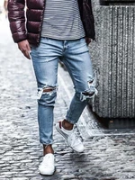 solid color male stretch casual denim big trousers men jeans streetwear knee ripped skinny hip hop fashion estroyed hole pants