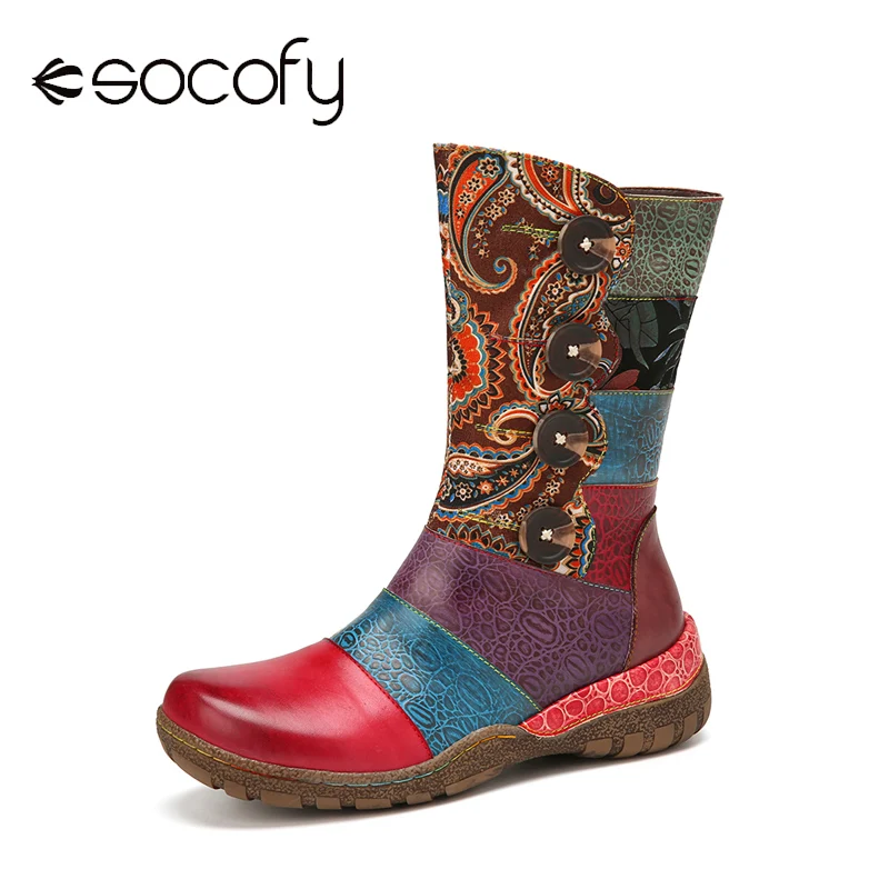 

SOCOFY Retro Stitching Multicolor Printed Women Shoes Leather Buckle Decor Comfy Side Zipper Mid-calf Flat Boots Winter Fashion