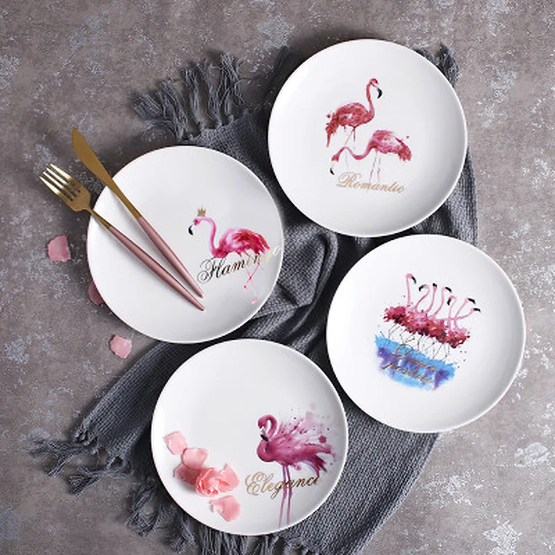 

Ceramic Tableware 8 Inch Nordic Creative Flamingo Round Bone China Plate Western Food Steak Salad Dish Home Kitchen Supplies