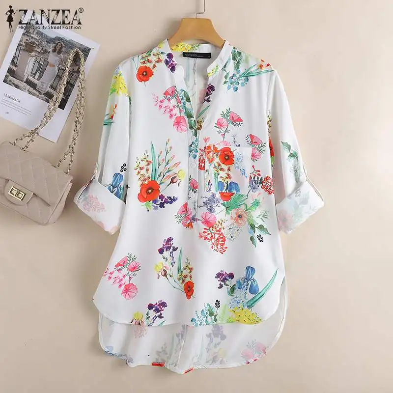 

Elegant Long Sleeve Floral V Neck Blouse Autumn High Low Hem Shirt Women Bohemian ZANZEA Chemise Female Tunic Holiday Party Tops