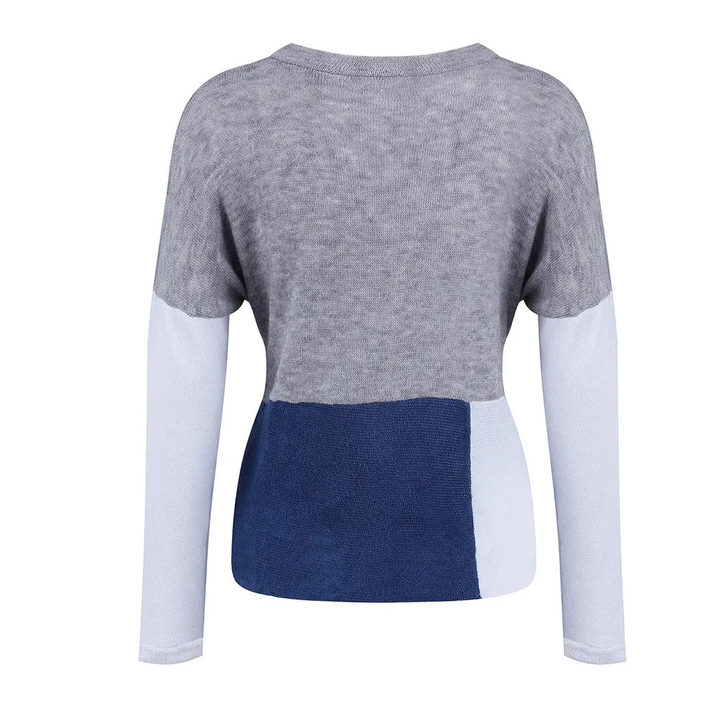 Женский свитер с круглым воротником синий лоскутный головной убор длинными