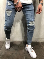 blue jeans slim fit men sexy ripped hole skinny denim pencil pants male casual mid waist stretch distressed jeans
