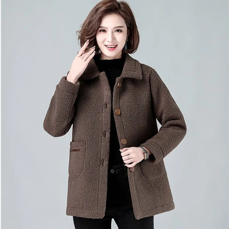 UHYTGF Lambswool Autumn Winter Fur Coat Women Thick Warm Jacket Medium-Length Elegant Mother Casual Loose Big Size Outwear 1396
