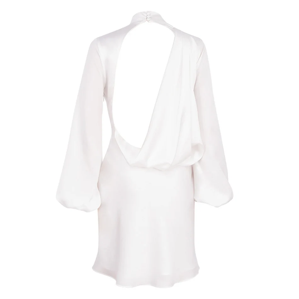

2020 Summer New Women's Satin Dress Stand Collar Lantern Long Sleeve Sexy Backless Bodycon Mini Dress Club Party Dress Vestidos