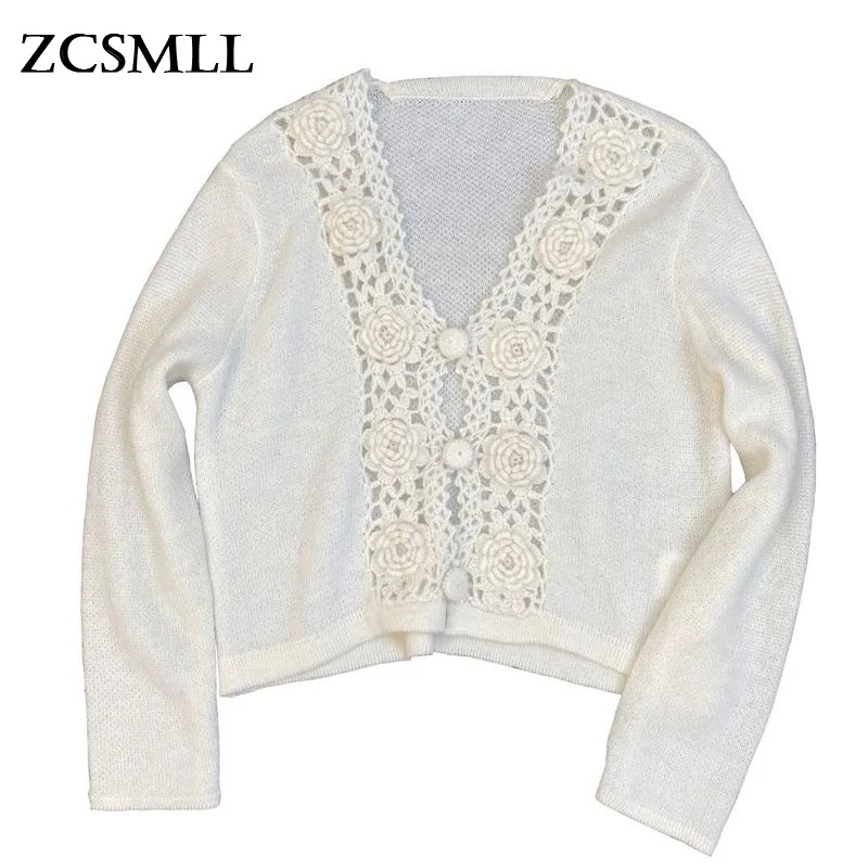 

ZCSMLL 2021 Autumn and Winter V-neck Streetwear Fashion Women Coat Long-sleeved Hollow Rose Hollouw Out Sweater Cardigan Trend
