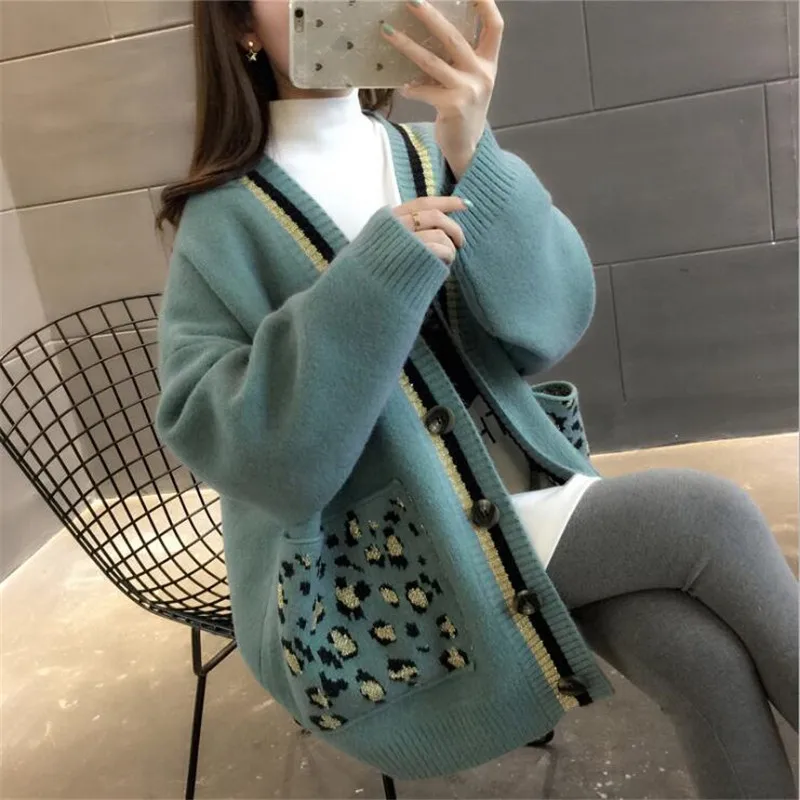 Для женщин осень кардиган с v-образной горловиной леопардовые свитера карманами