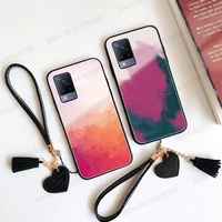 watercolor gradient tempered glass phone case for vivo x60 x50 pro plus v21 s9e s9 v20 pro z6 leather wristband shockproof cover