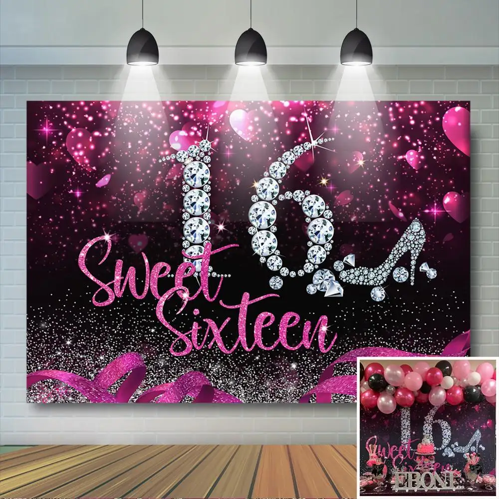 

Sweet 16th Birthday Party Backdrop Diamond High Heel Pink Photography Background Girls Sweet Sixteen Birthday Party Banner Decor