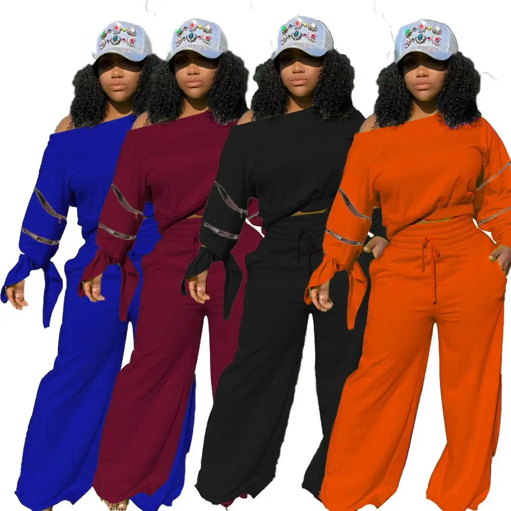 

Zipper Cut Out One Shoulder Long Sleeve Loose Pullover & Full Length Wide Leg Trouser 2020 Casual Fashion Solid Two Piece Outfit